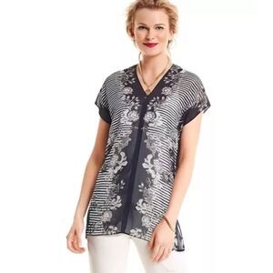 CAbi #5024 Yacht Blue Floral V-Neck‎ Sheer Tunic Blouse Top Women's Size XS
